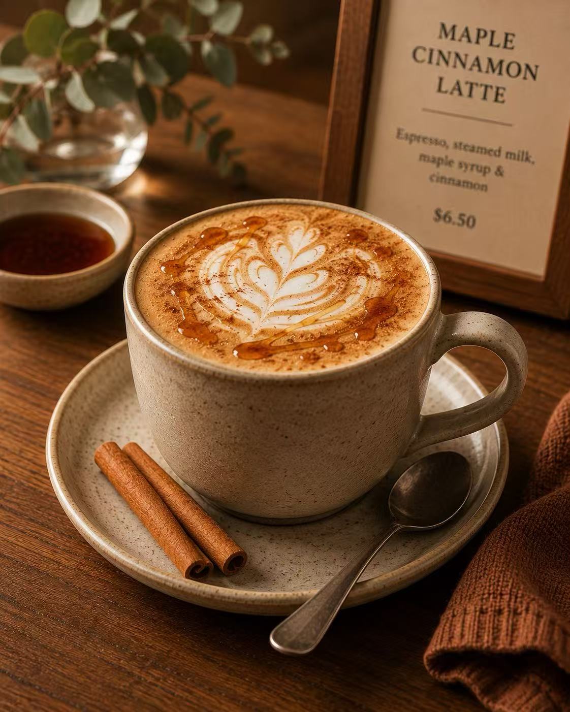 Maple cinnamon latte beside a pastry